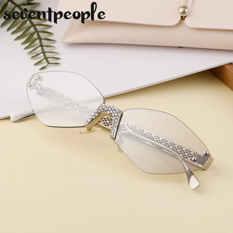 Small Metal Frame Hexagon Rimless Sunglasses Women 2025 Luxury Brand Design Polygon Sun Glasses For Ladies Retro Eyewear Shades