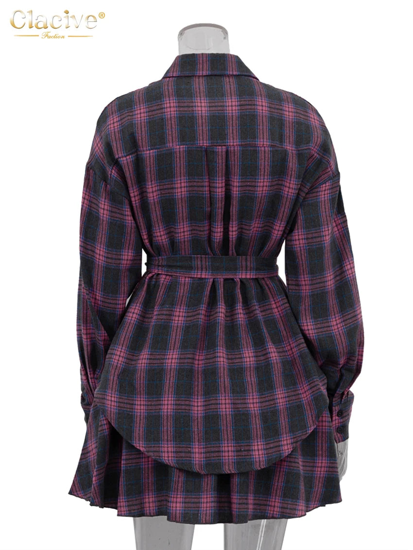 Clacive Fashion Loose Plaid 2 Piece Sets Women Outfit 2025 Elegant Long Sleeve Shirt With High Waist Mini Skirt Set Female