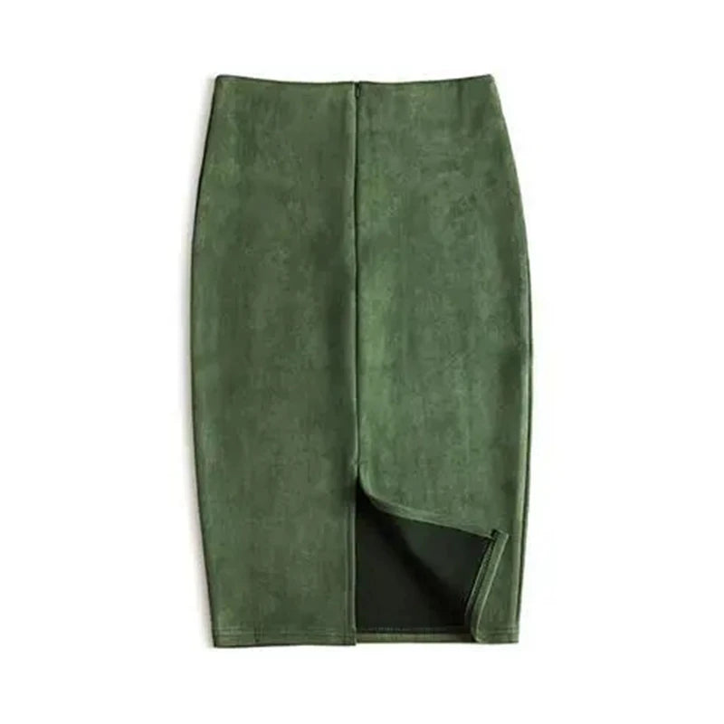 Winter Sexy Bodycon Suede Skirts 2025 Fashion Knee Length High Waist Office Skirt Korean Women Clothes Elegant Slim Pencil Skirt