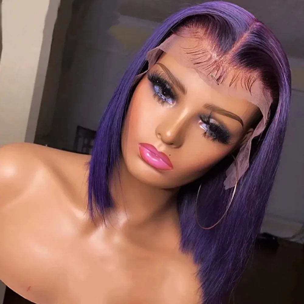 Dark Purple Bob Wig Human Hair 13x4 Hd Lace Front Wigs Human Hair 180% Density Glueless Wigs Short Cut Straight Bob Wigs