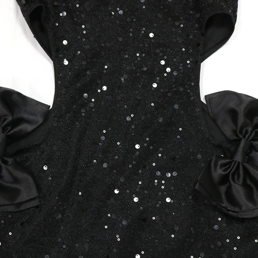 FAGADOER Bow Patchwork Bodycon Birthday Party Mini Sequined Dress Black Sexy Side Hollow Halter Tassel Night Clubwear 2024 New