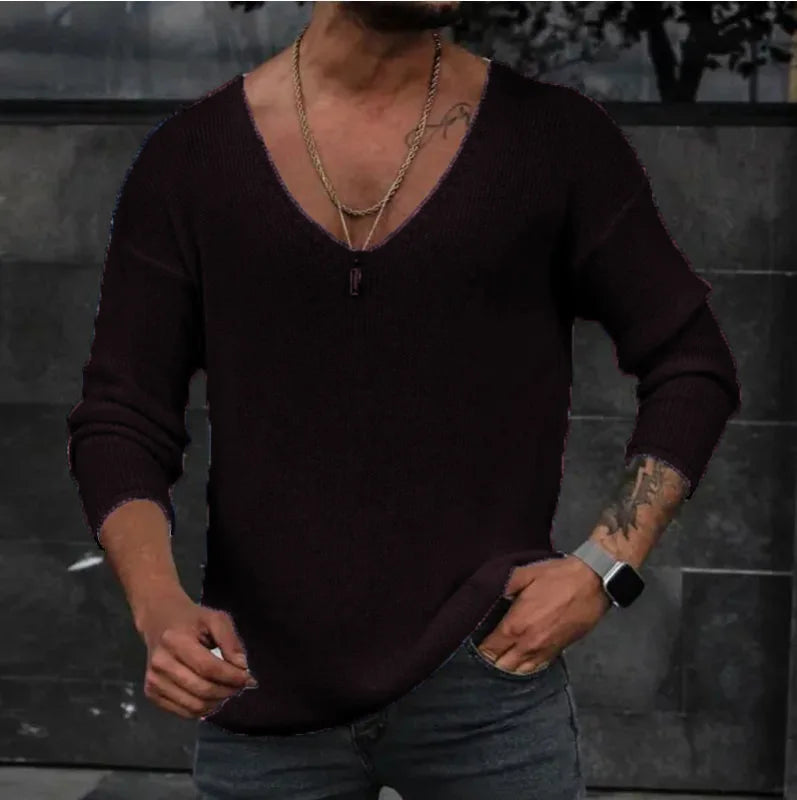 New 2025 Men's Casual Long Sleeve Knitted Sweaters Tops Solid Fashion Pullover Tops For Men Harajuku V-neck Streetwear Jumper
