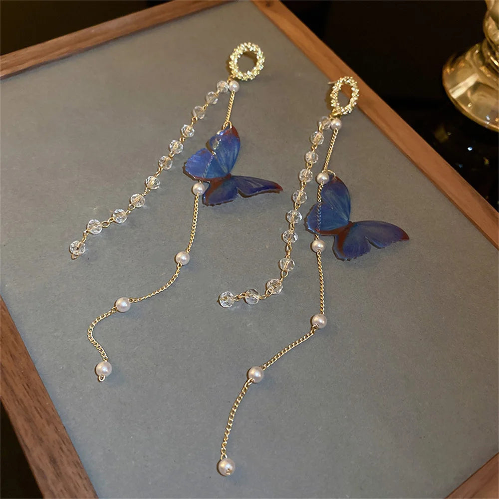 New Luxury Women Zircon Crystal Pearls Long Tassel Butterfly Earrings