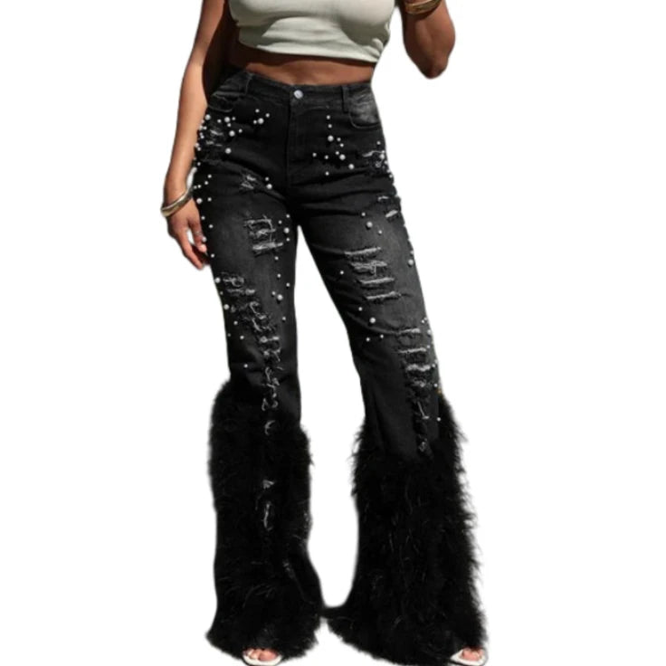 FAGADOER Feathers Patchwork Denim Pants Women Fashion Pearls Holes Tassel High Waist Stretchy Jeans Y2K Streetwear Bottoms New