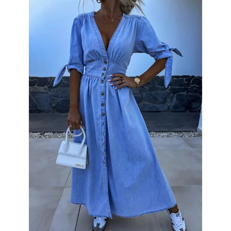 Sexy V-neck Long Single-Breasted Denim Dress