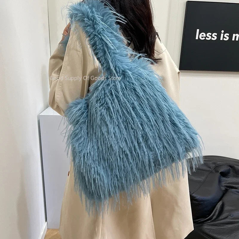 2025 NEW Wool Women's Plush Shoulder Bags Y2k Hot Faux Fur Lady Bag Large Capacity Fashion Female Furry Purse Tote Handbags