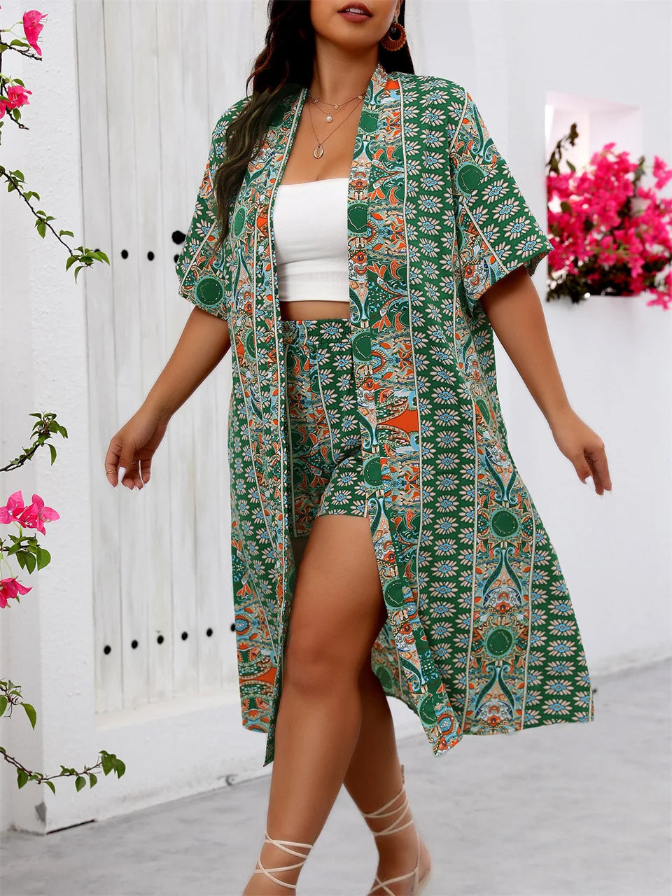 GIBSIE Plus Size Summer Two Piece Set For Women Vacation Long Kimono Cardigan with Shorts Beach Style Boho Print Outfit Sets