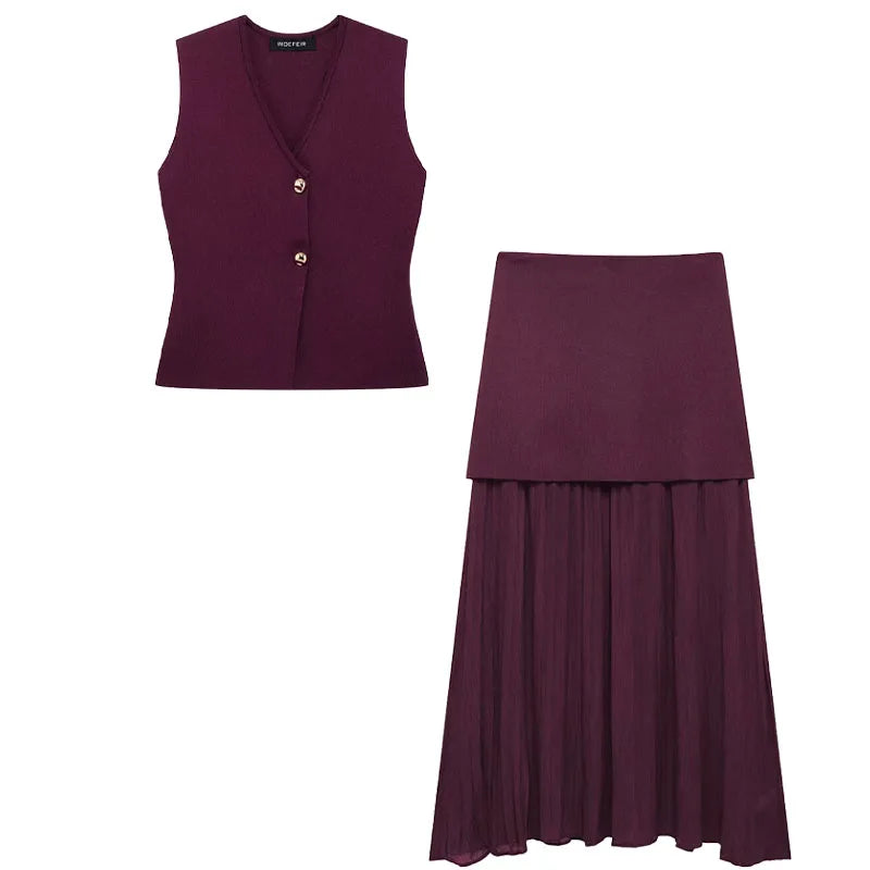 Women 2 Piece Set Knitted Vest High Waist Skirt