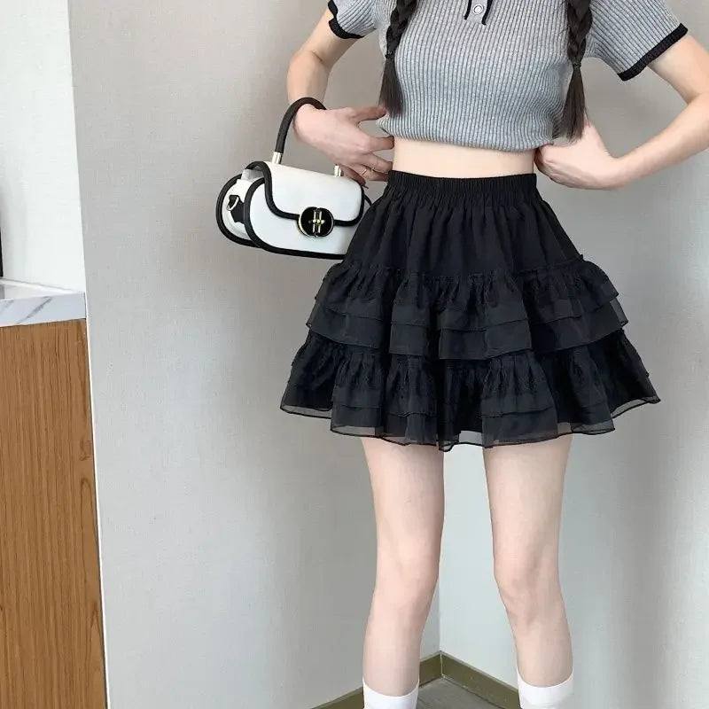 Plus Size Plus Size Women's Lace Cake A- Skirt Summer 2023 New Style High-Waisted Mesh Skirt Puffy Skirt For Plus Size Girls