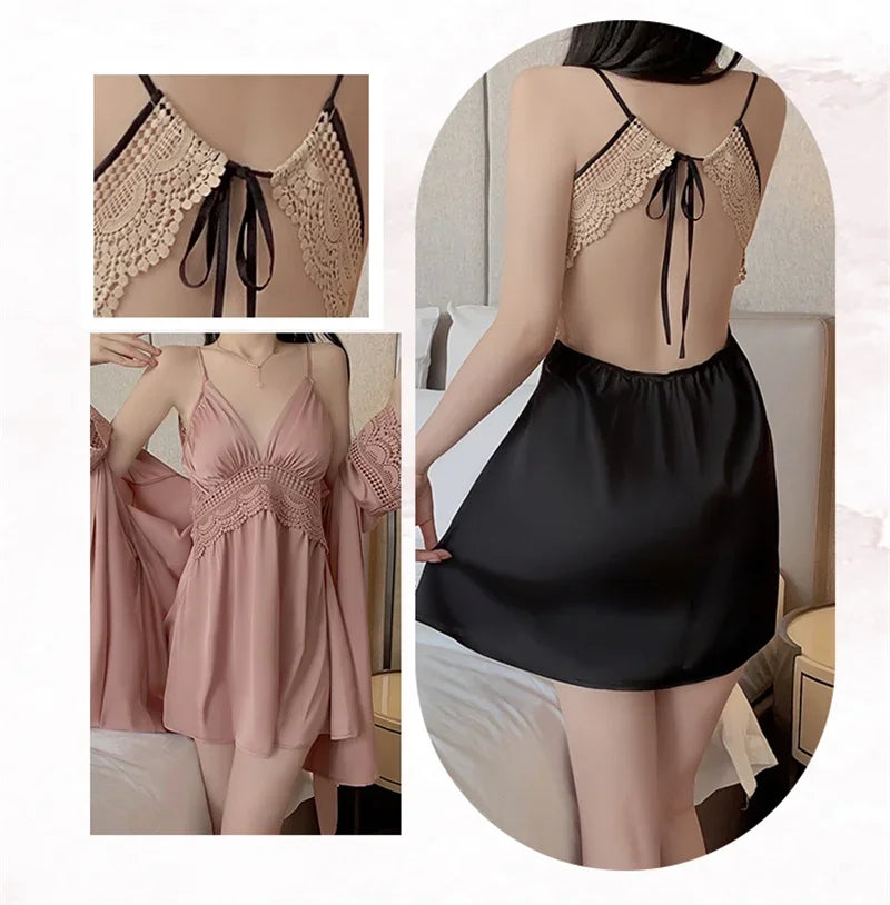REBEYULI Brand 2025 Vintage Women Nightgown Sets Sexy Lingerie Set Spaghetti Strap Nigh Dress with Bra Cups Women's Nightwear