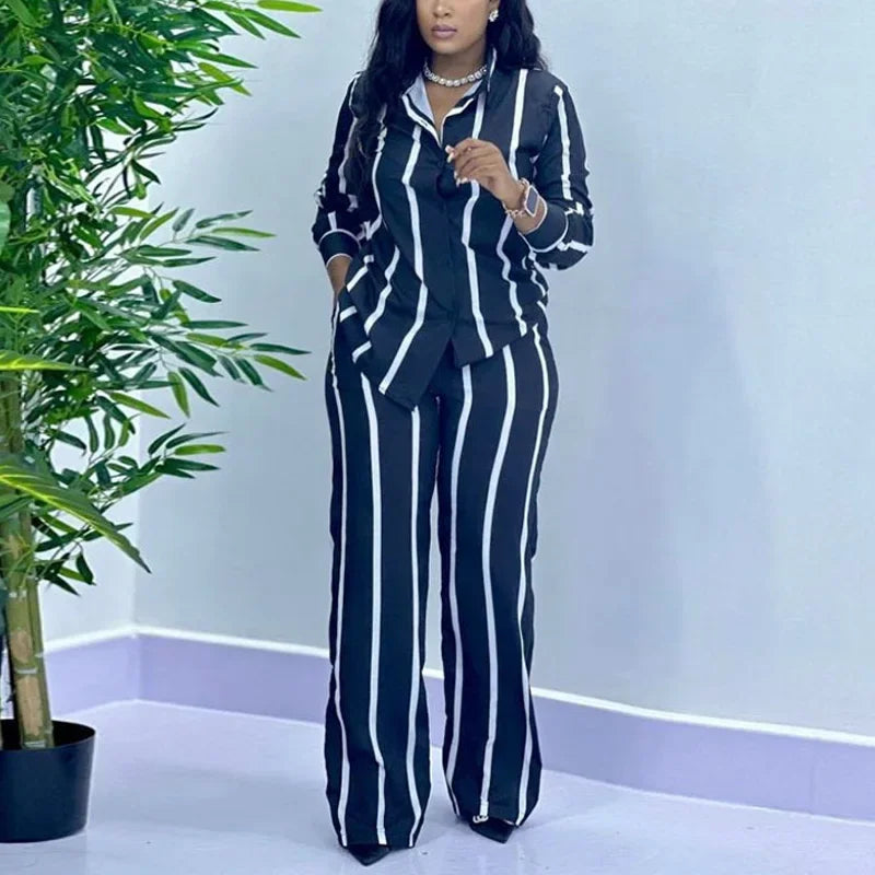 African Stripe Two Piece Set Women Long Sleeve Wide Leg