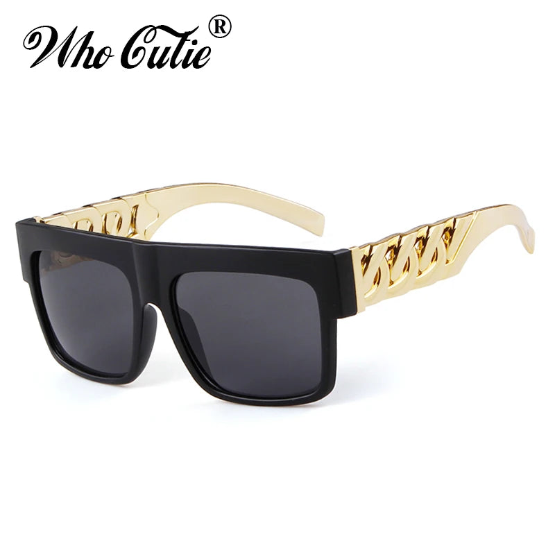2025 Oversized Hip Hop Sunglasses Men Women Brand Design Flat Top Retro Square Black Sun Glasses Gold Plastic Chain Frame OM725