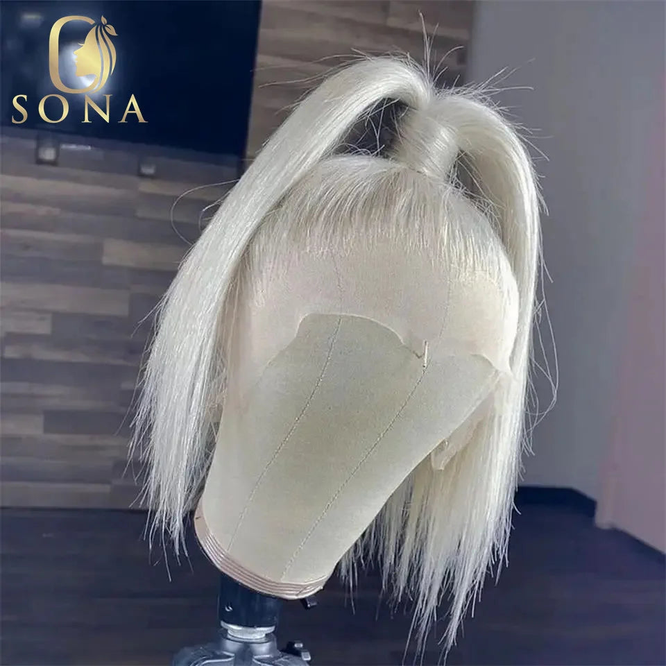 13x6 Colored Dark Root White Platinum Ash Blonde Straight Bob Lace Frontal Wig Human Hair Pre Plucked Brazilian Remy Front Wig