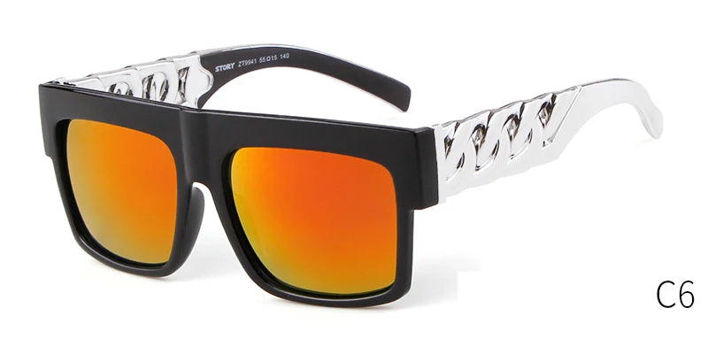 2025 Oversized Hip Hop Sunglasses Men Women Brand Design Flat Top Retro Square Black Sun Glasses Gold Plastic Chain Frame OM725