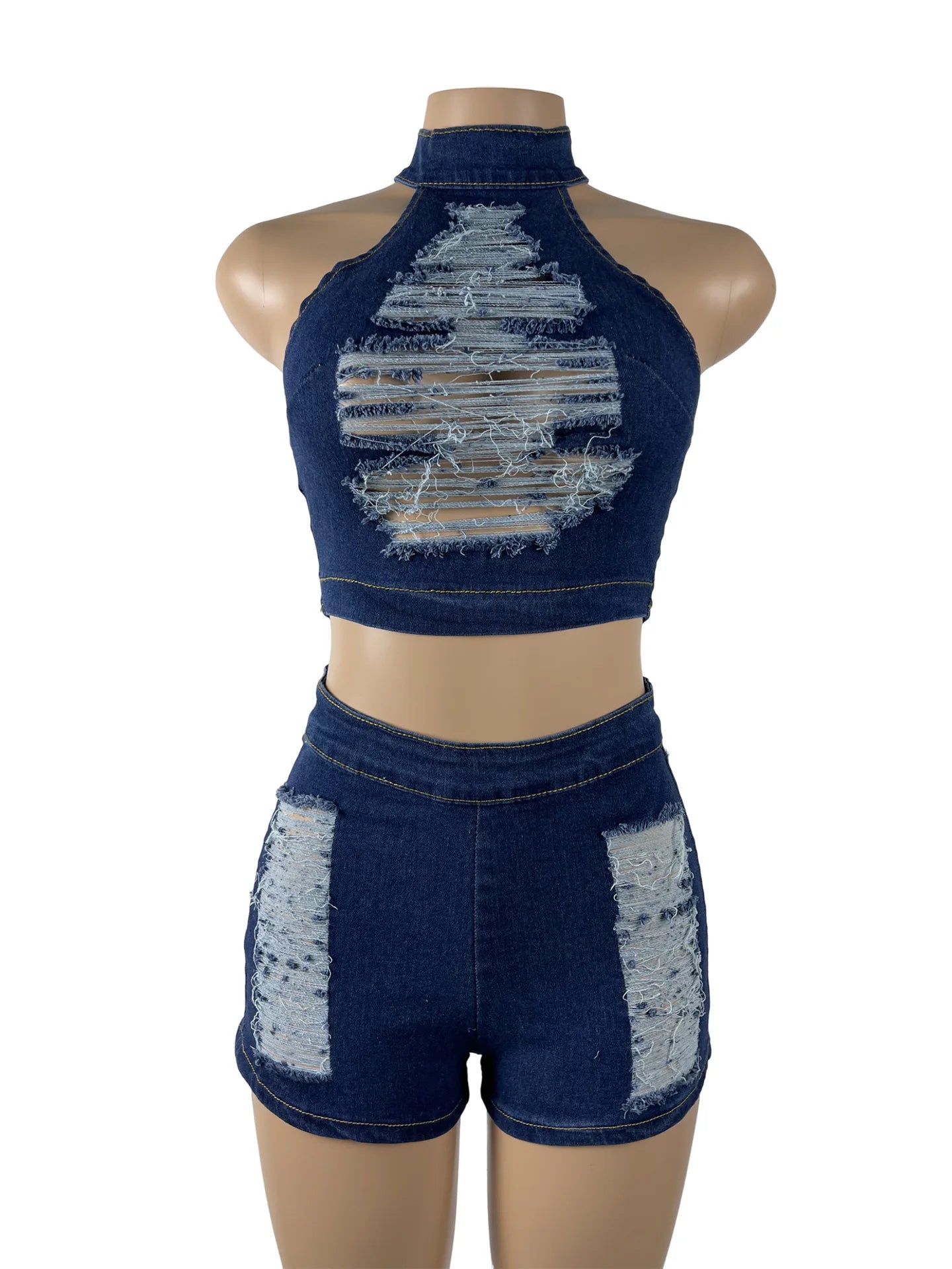 Y2k New Fashion Street Style Stretchy Sexy Ripped Bodice Denim Tops And Denim Shorts Jeans 2PCS Set Women's Clothing Plus Size
