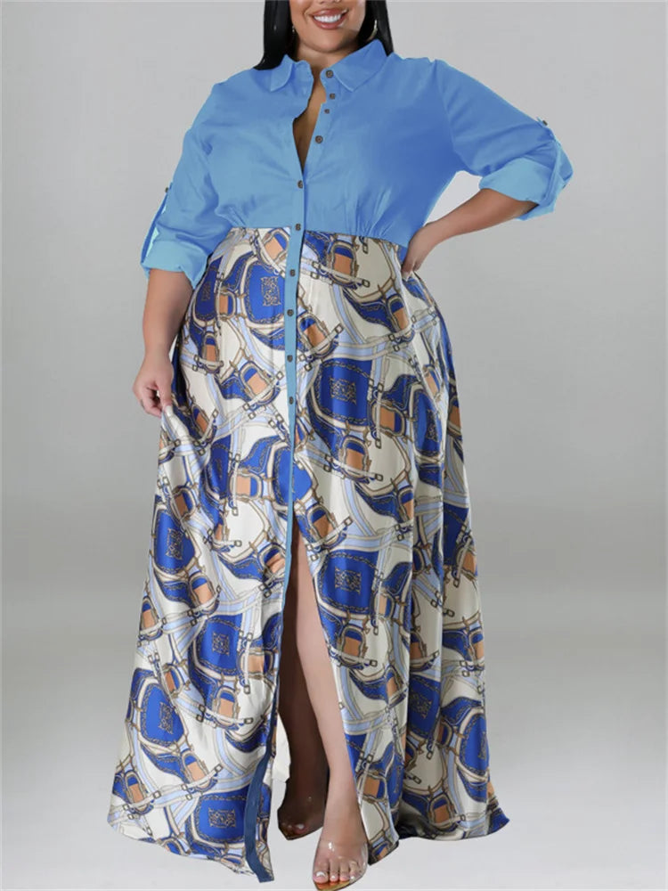 Wmstar Plus Size Women Dress Button Patchwork High Waist Elegant Long Sleeve New in Fall Maxi Dresses Wholesale Dropshipping