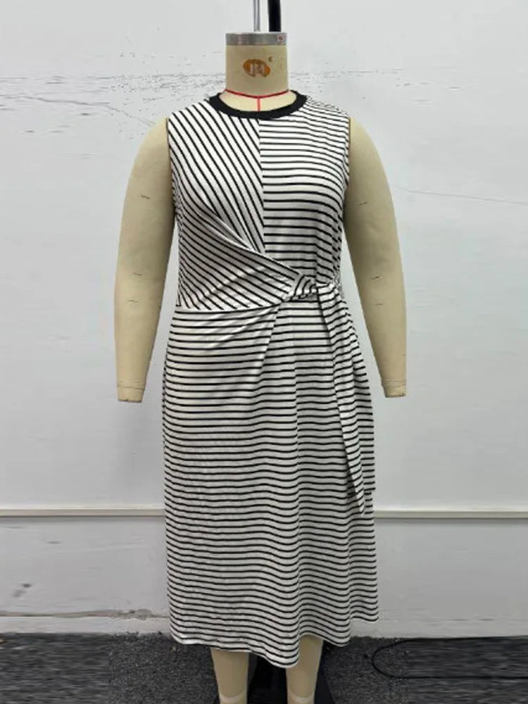 GIBSIE Plus Size Striped Tie Front Summer A-Line Dress 2025 New Women's O-Neck Sleeveless High-waisted Casual Long Dresses