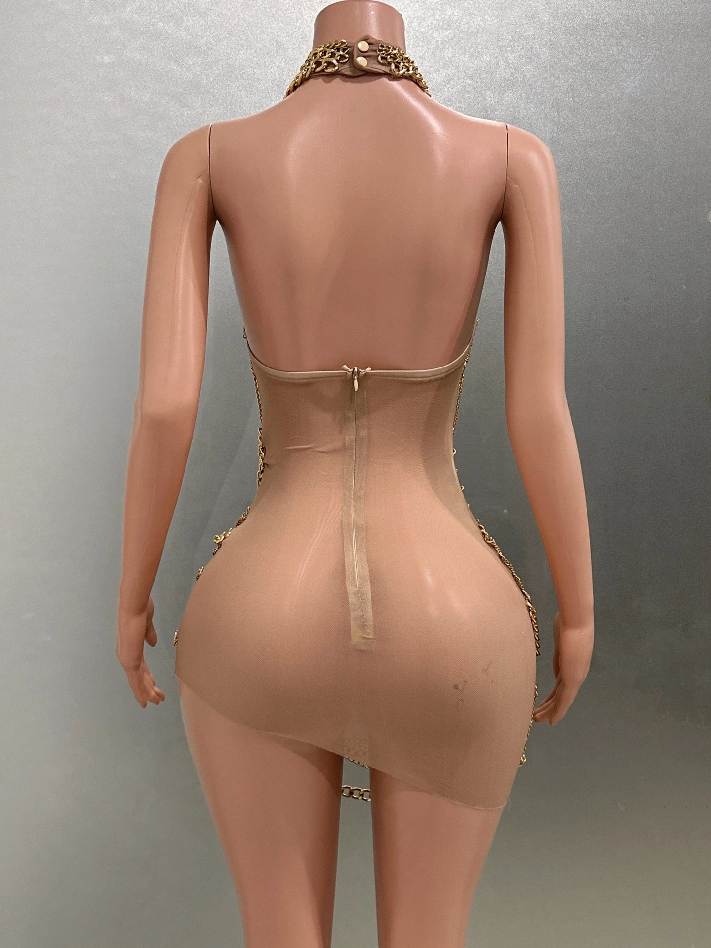 Gold Luxury Chains Khaki Sexy See-Through Sheath Mini Dress Evening Party Performance Costume Bar Nightclub Singer Stage Wear