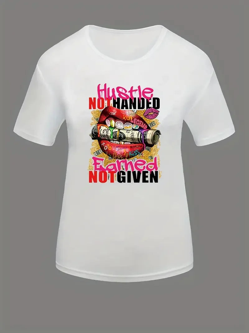 Plus Size Slogan & Lip Print Short Sleeve T-shirt Women's Plus Medium Stretch Casual Tee