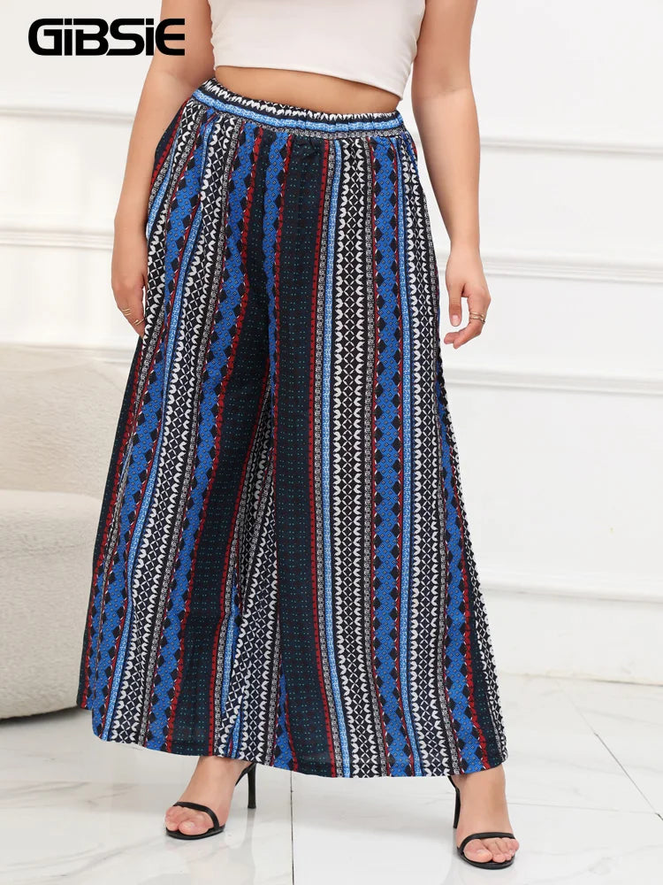 GIBSIE Plus Size Bohemian Printed Women Trousers 2025 Beach Vacation Casual Loose Elastic Waist Wide Leg Pants With Pockets