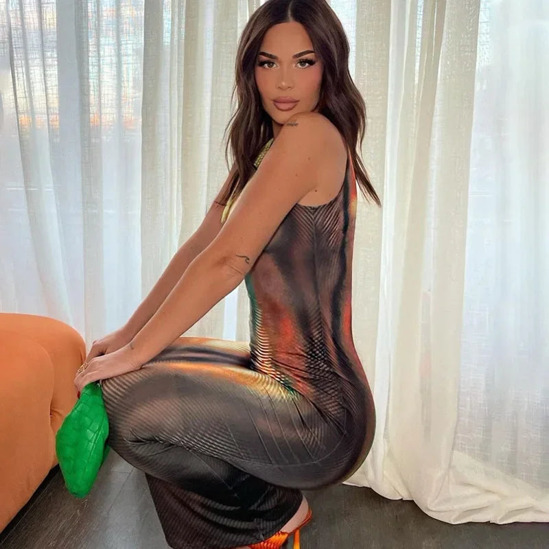 Summer 2024 Y2K Print Sexy Evening Party Club Birthday Maxi Dress for Women Bodycon Sleeveless Long Dresses Outfits Streetwear