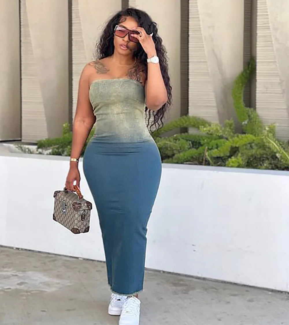 Summer Gradient Women's Denim Dress Fashion Corset Sleeveless Sexy Backless Slim Women's Slit Long Dresses Stretch Jeans Vestido