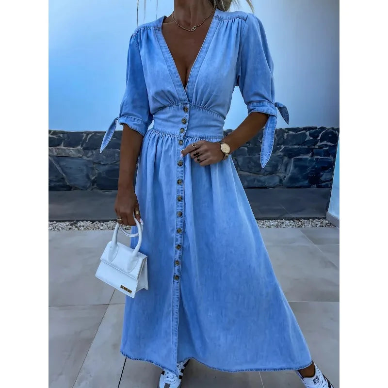 Sexy V-neck Long Single-Breasted Denim Dress