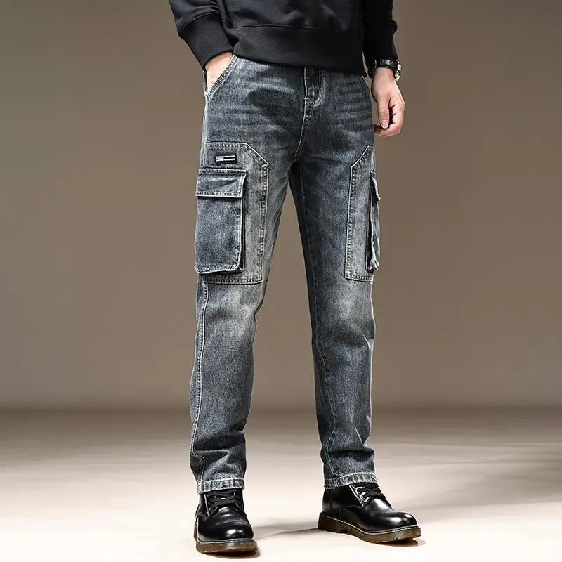 Jeans for Men Straight Male Cowboy Pants with Pockets Trousers Cargo Regular Aesthetic New in Stacked Korean Fashion Trend 2024