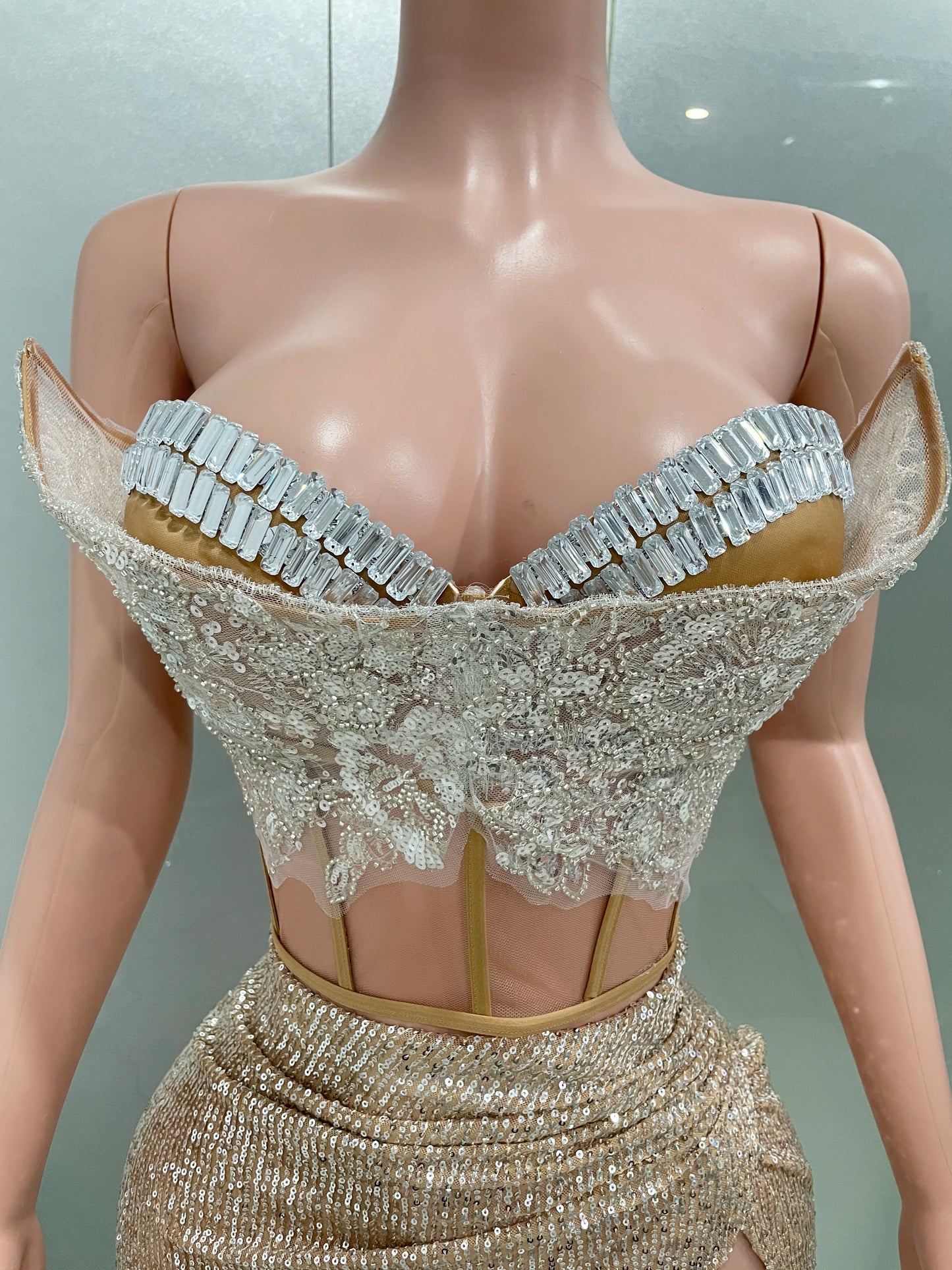 Women Glitter rhinestone Bright Sequins Two Pieces Evening Party Dress Celebrate Festival Dancer Bar Nightclub Ds Dj Stage Wear