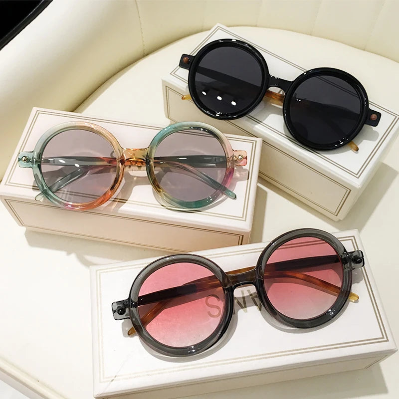 Retro Gray Pink Lens Round Sunglasses Women 2025 Brand Trendy Shiny Circle Frame Men Spectacle Plain Eyewear Shades Sun Glasses