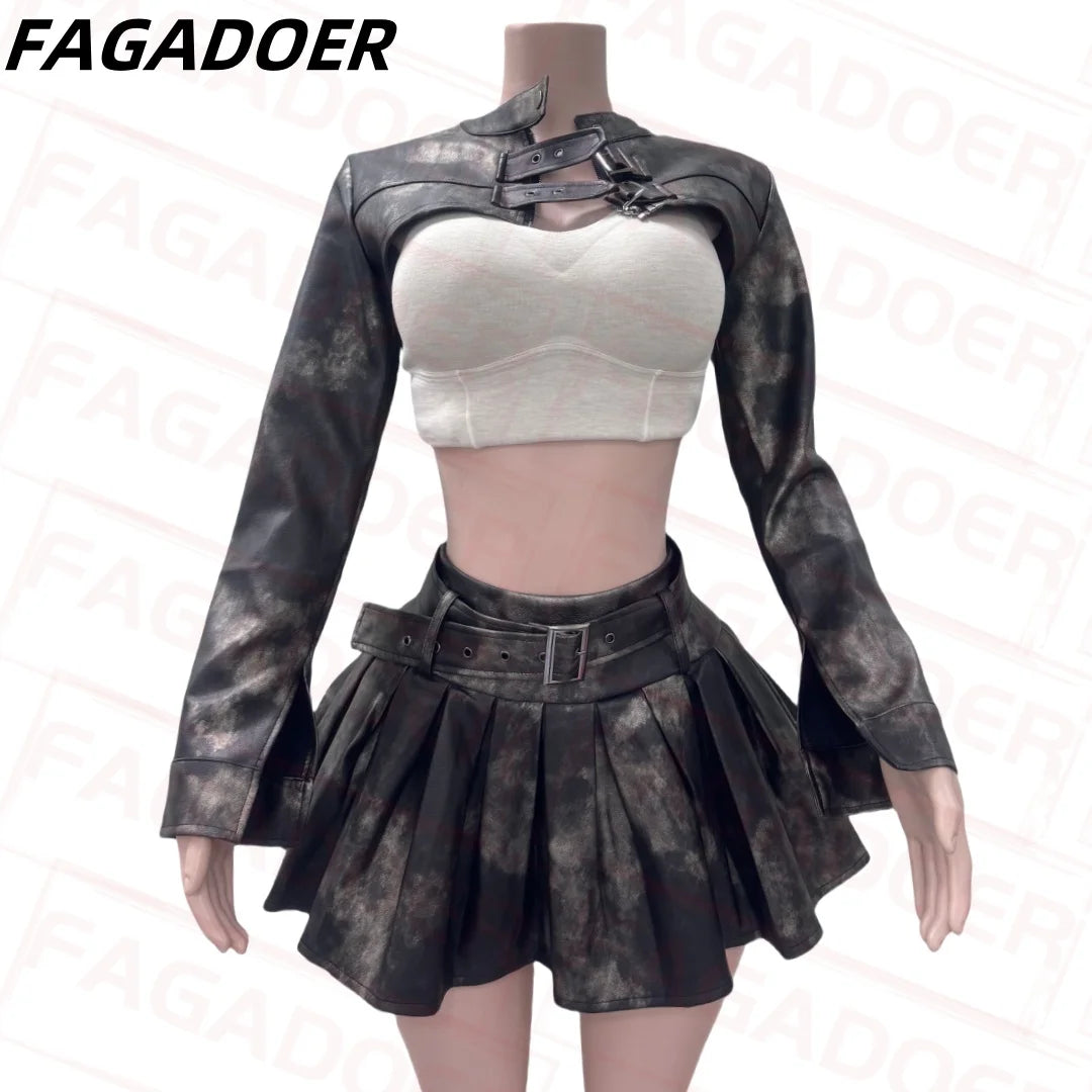 FAGADOER Punk Gothic Leather Two Piece Set for Women Long Sleeves Crop Jacket + Pleated Skirt Suits Fashion Streetwear 2025 New