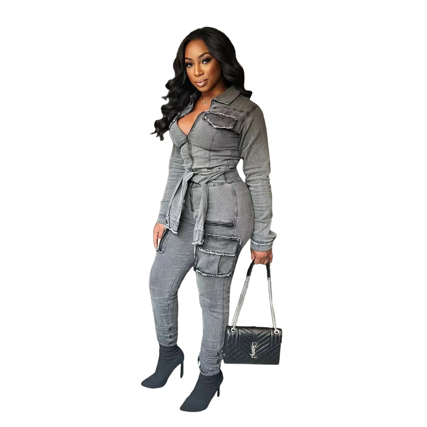 FAGADOER Retro Grey Denim Jumpsuits Women Cargo Pockets Zip Bodycon Jeans Stretchy Quality Overalls Streetwear Autumn New