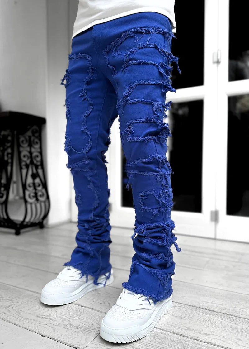 New Fashion Stretch Jeans Man Stacked Jeans Elastic Waist Straight Fit Patchworks Denim Long Pants Fringe Ripped Jeans For Men