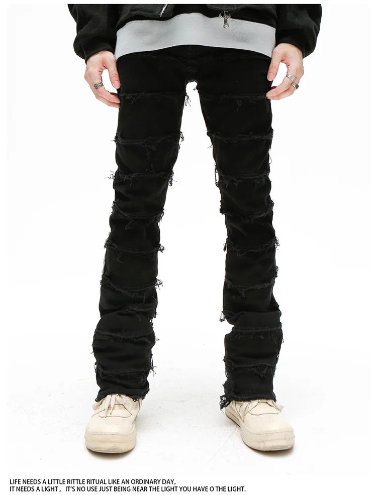 Heavy Industry Hole Frayed Destruction Waxed Jeans Mens High Street Retro Straight Ripped Pencil Pants Oversize Denim Trousers