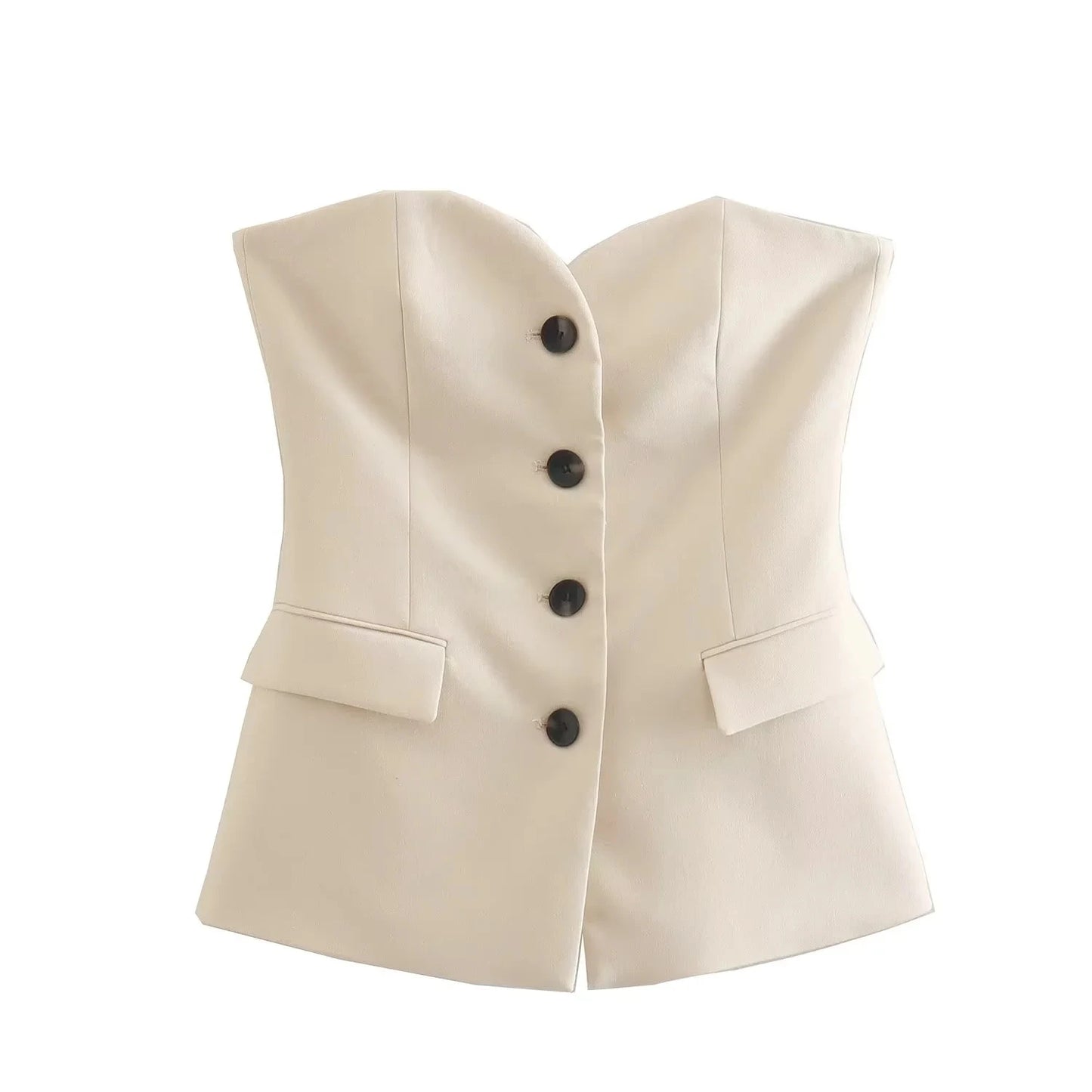 Women Elegant Pant Suit Strapless Top Side Slit Trouser