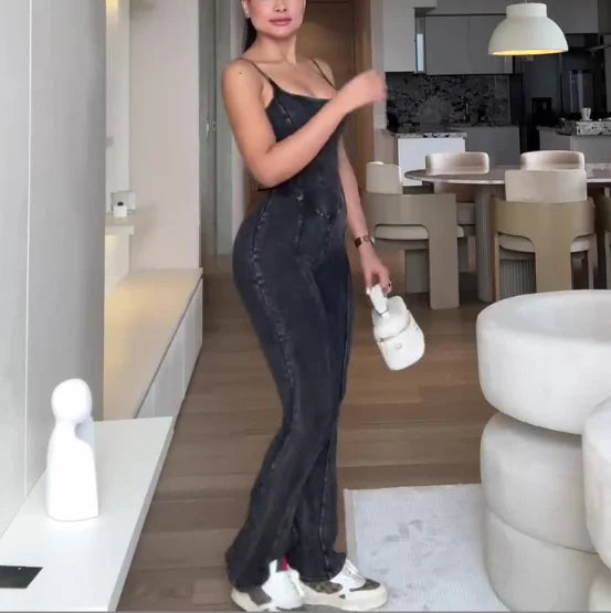 Women's Sexy Camisole Denim Jumpsuit 2025 Spring Summer Latest Solid Color Romantic Style Square Neck Slim Fit Romper Bodysuit