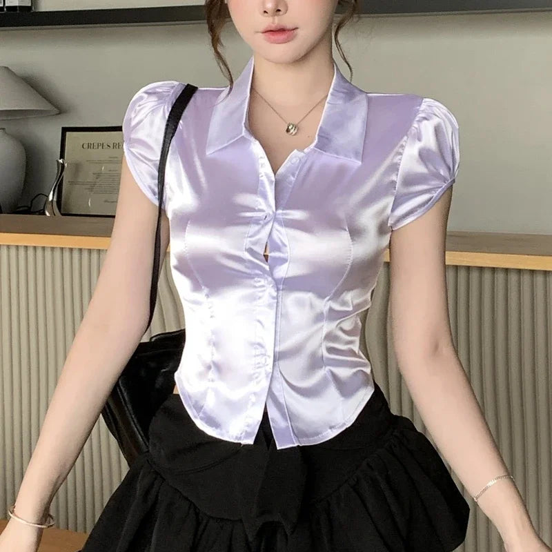 Summer Sexy Silk Shirts Women 2025 Korean Fashion Clothes Short Sleeve Button Up Ladies White Puff Sleeve Crop Tops and Blouses