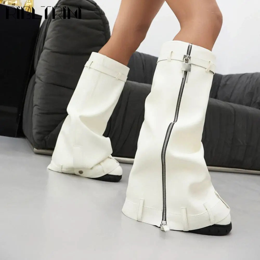 Platform Women Fold Over Mid Calf Padlock Metal Platform Shoes