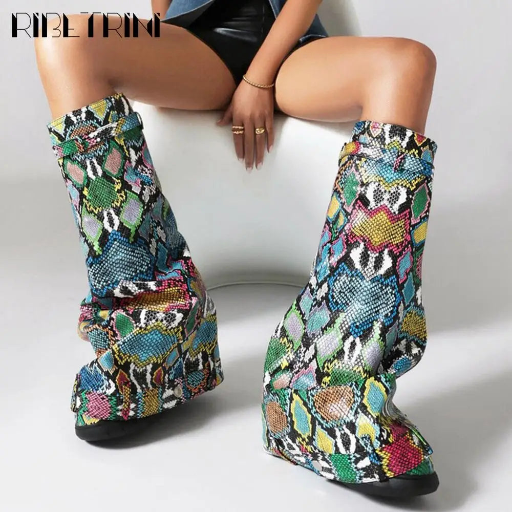 Platform Women Fold Over Mid Calf Padlock Metal Platform Shoes