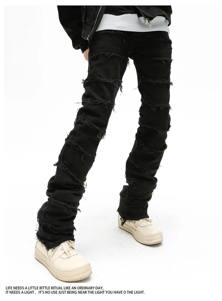 Heavy Industry Hole Frayed Destruction Waxed Jeans Mens High Street Retro Straight Ripped Pencil Pants Oversize Denim Trousers