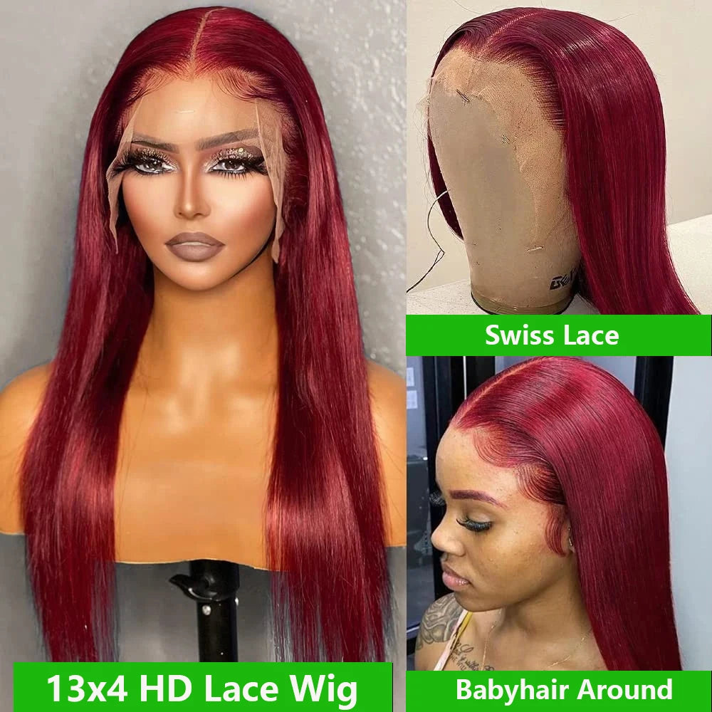 Straight 13x4 13x6 HD Lace Front Human Hair Wig 99J Red Burgundy Colored HD Transparent PrePlucked Lace Frontal Human Hair Wigs