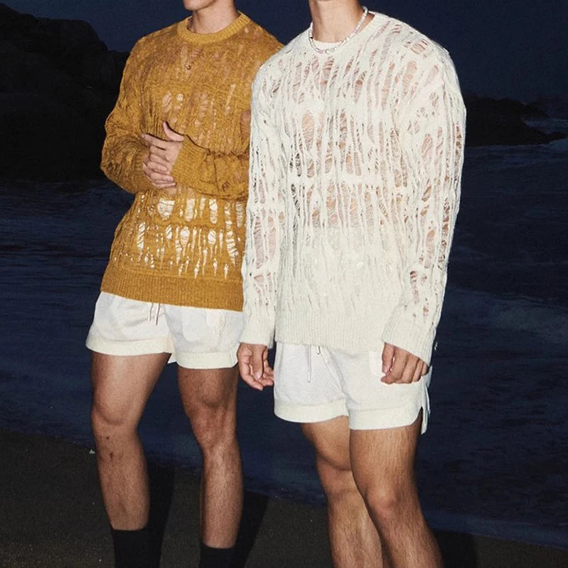 Sexy Hollow Out Mesh Knit T Shirts Men See Through Ripped Crew Neck Pullover Tops For Mens 2025 Spring Fashion Knitting T-shirt