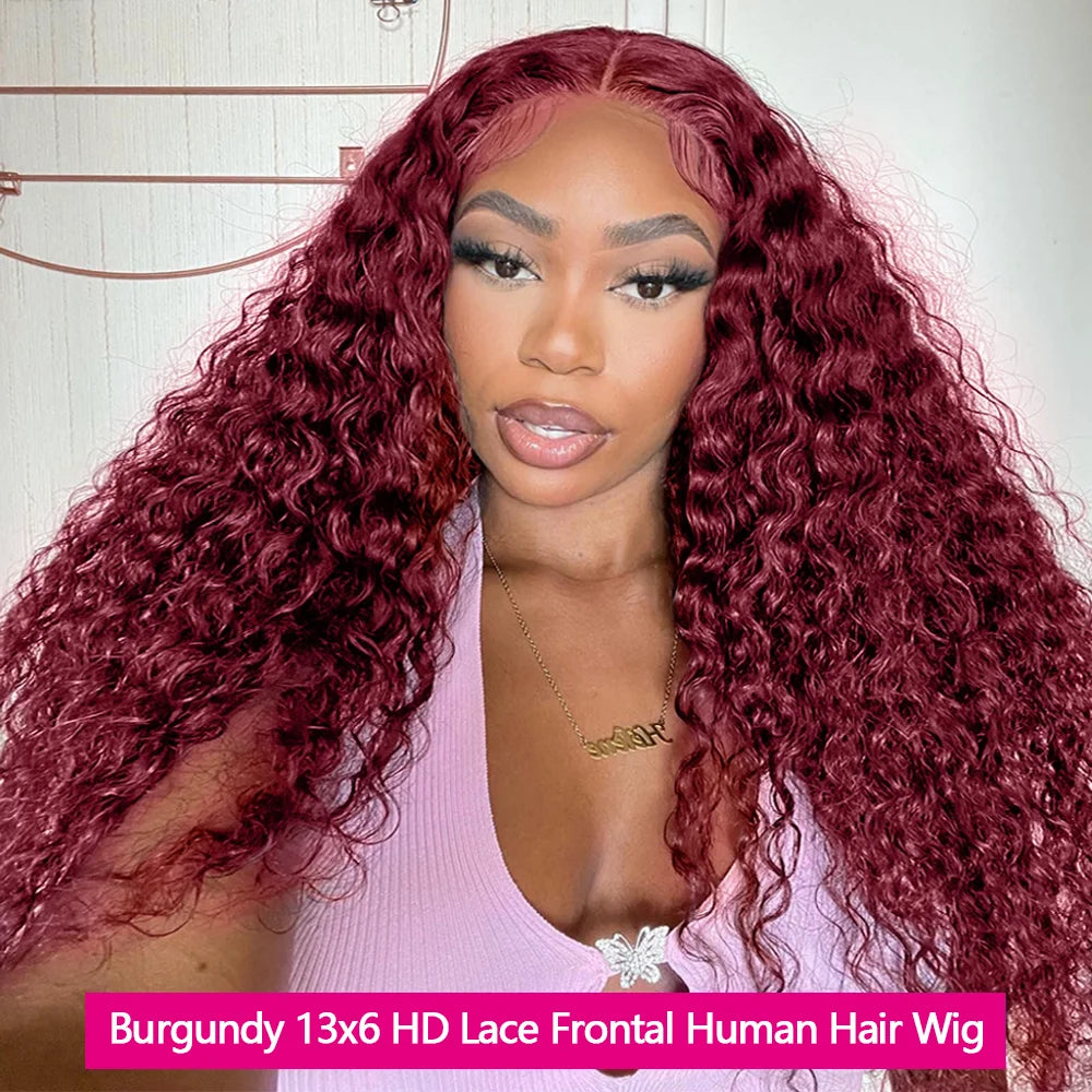 210 Density Burgundy 13x6 HD Lace Frontal Human Hair Wig 30Inch Water Wave Human Hair Wig 12A Ginger Lace Front Wig Human Hair