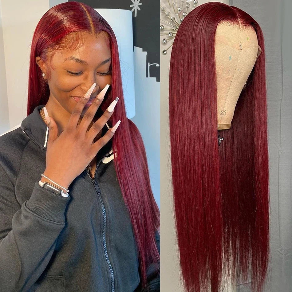 Straight 13x4 13x6 HD Lace Front Human Hair Wig 99J Red Burgundy Colored HD Transparent PrePlucked Lace Frontal Human Hair Wigs