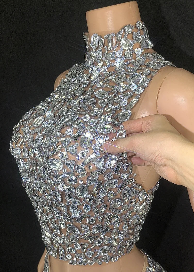Shiny rhinestone silver sexy backless tight mini dress evening performance costume nightclub singer stage costume birthday party