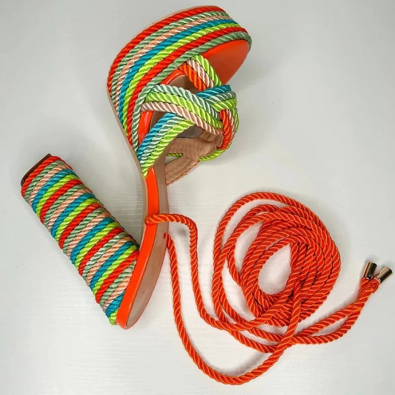 New Multi-color Rope Woven Cross Strap Women High-heeled Sandals