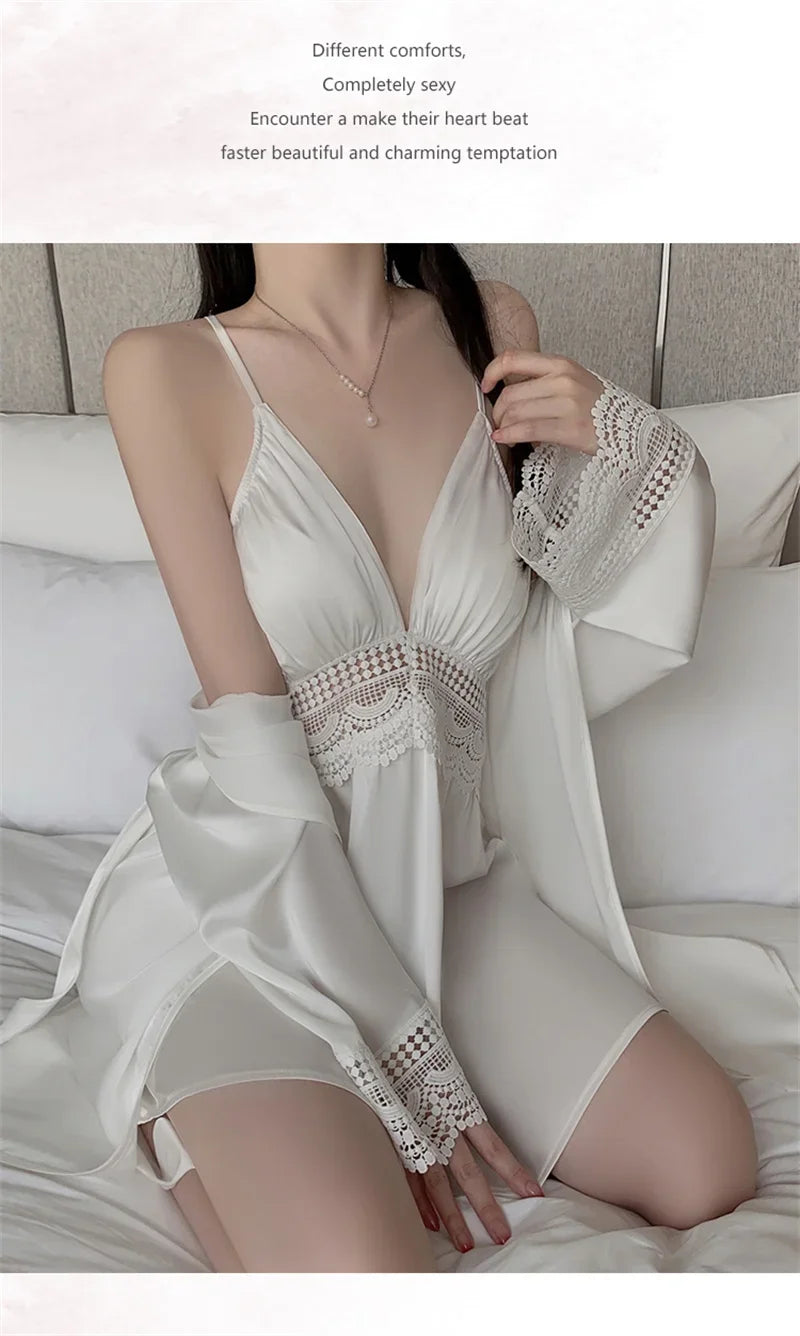 REBEYULI Brand 2025 Vintage Women Nightgown Sets Sexy Lingerie Set Spaghetti Strap Nigh Dress with Bra Cups Women's Nightwear