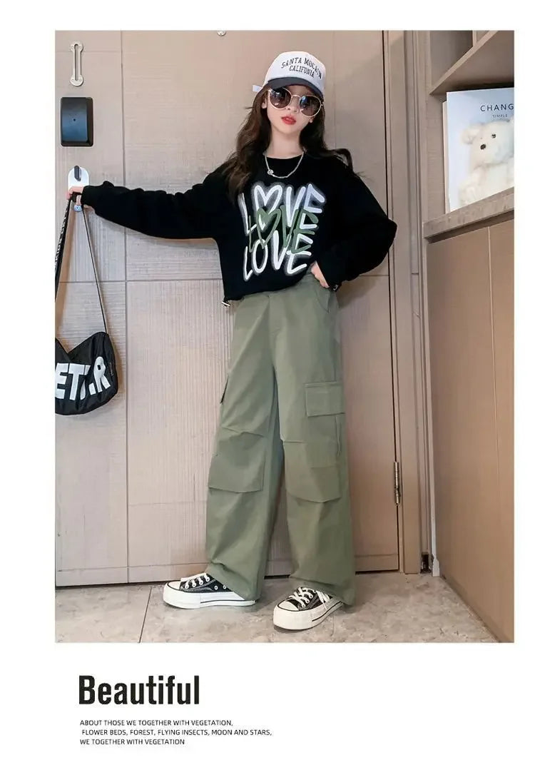 2025 spring autumn Kids tracksuit Children set Girls Clothes loose T-Shirt + wide leg Cargo Pants Teenager 4 5 6 7 10 11 12 year