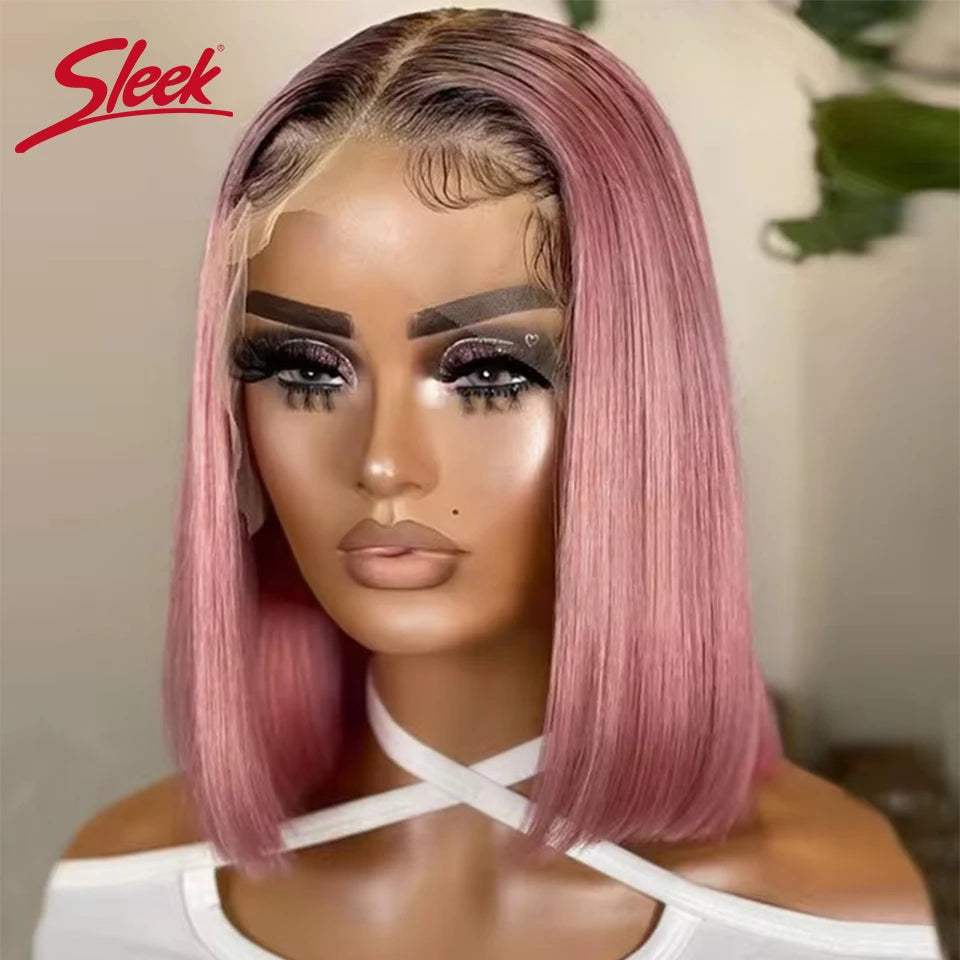 Sleek Pink Lace Front Short Bob Wigs Brazilian Ombre Black T4/Pink Human Hair Wigs 200% Density Natural Remy Human Hair