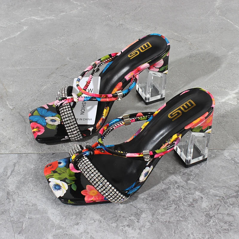 Summer New Crystal Open Toe Mixed Color High Heels Women Sandals